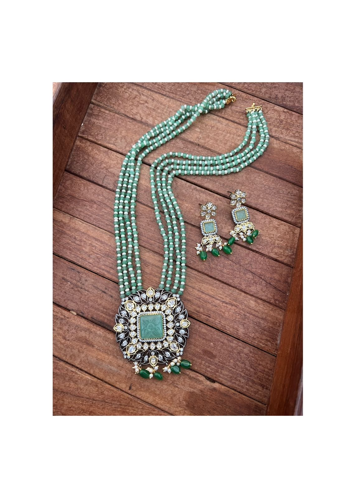 Pastel green beads zircon locket with earrings - Alluring Accessories