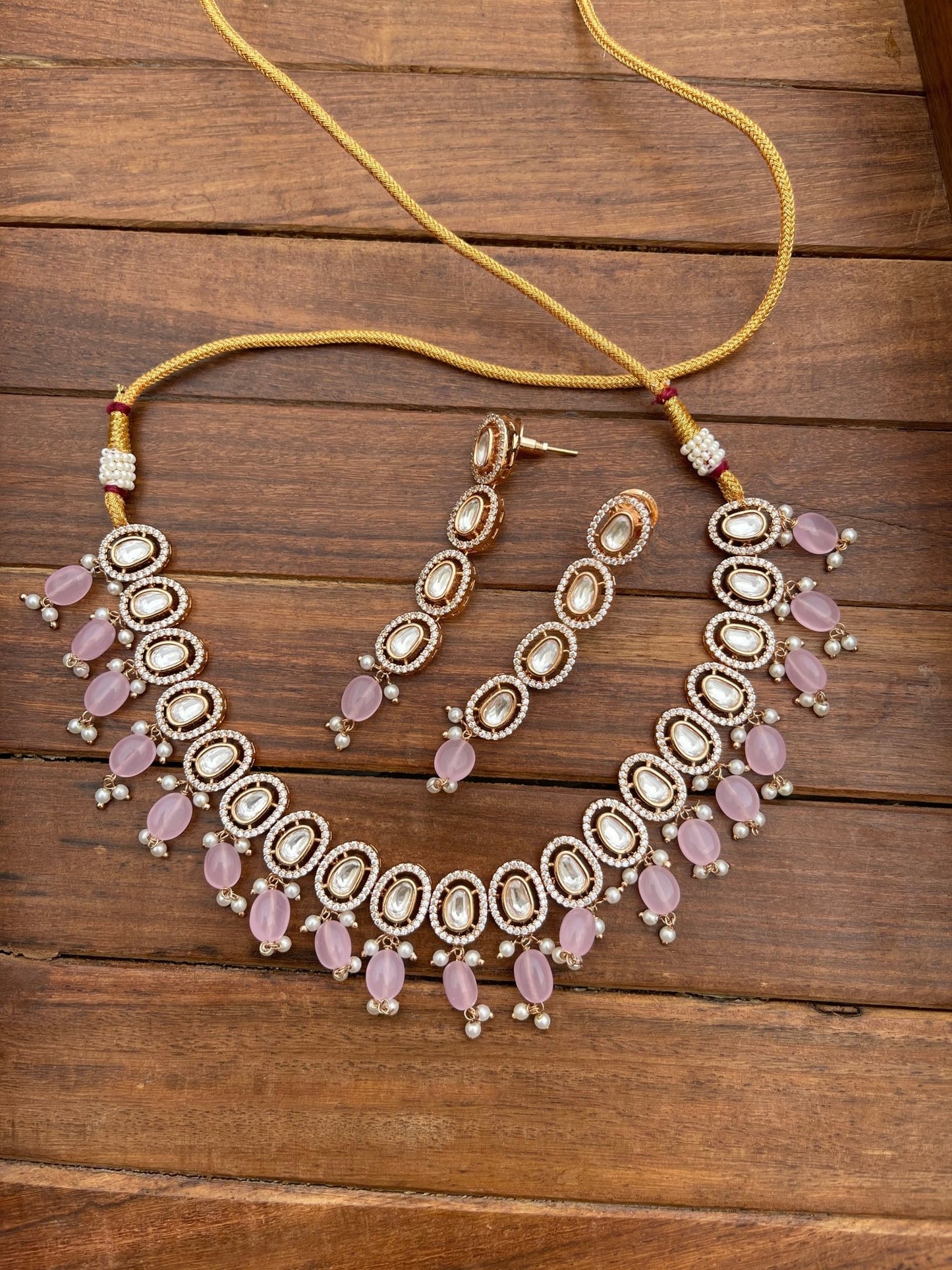 Pastel pink beads ahmedabadi Kundan set with rosegold touch - Alluring Accessories