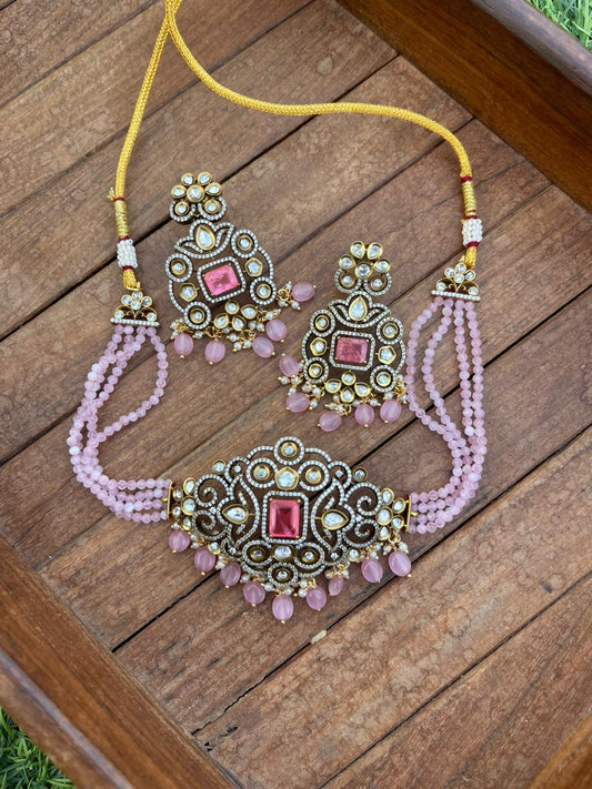 Pastel pink green victorian choker with earrings 2 - Alluring Accessories