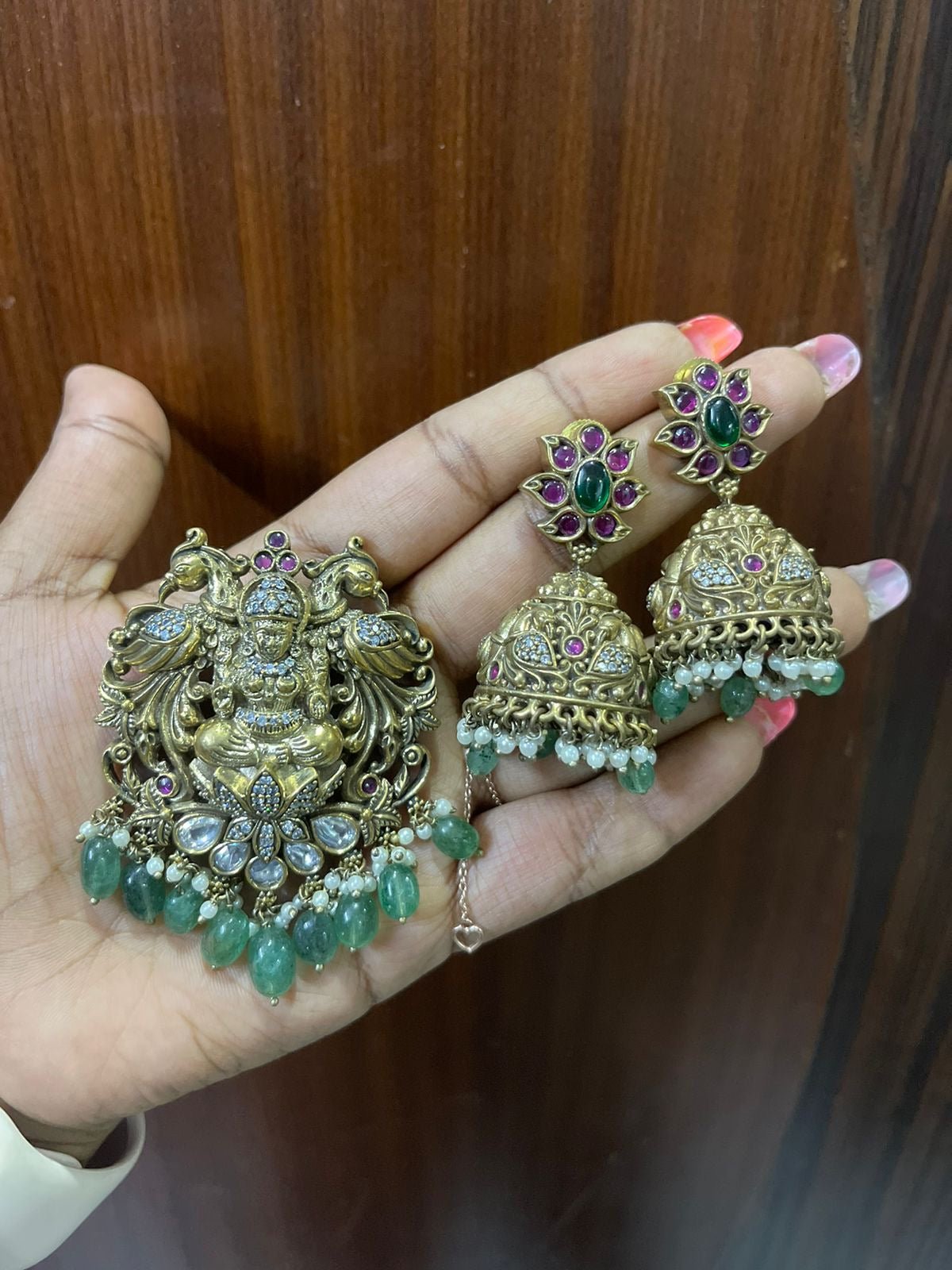 Peacock lakshmi locket antique with jhumkas - Alluring Accessories