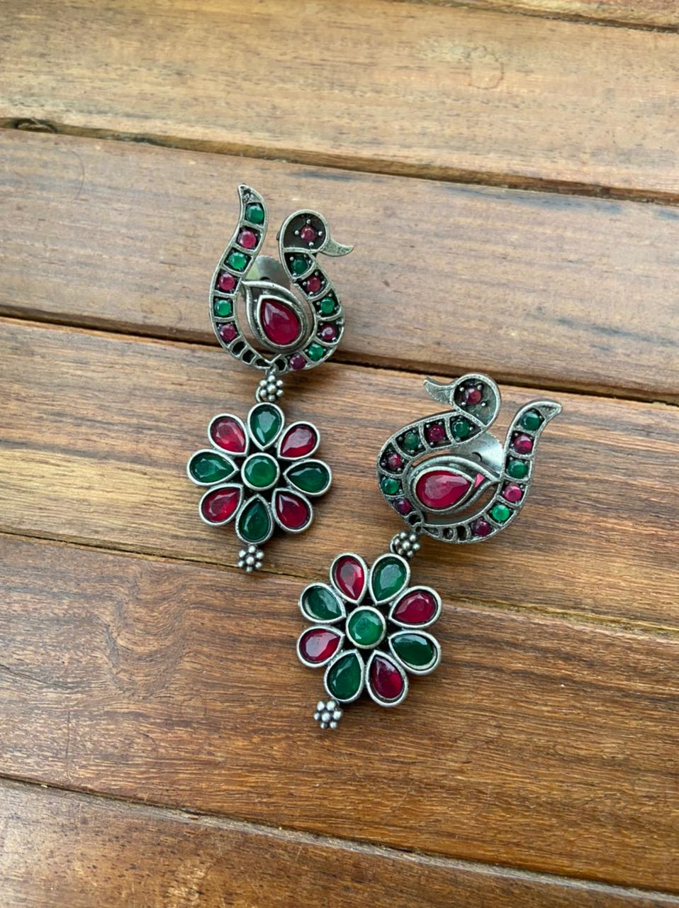 Peacock Stud Flower Drop AD stone earrings