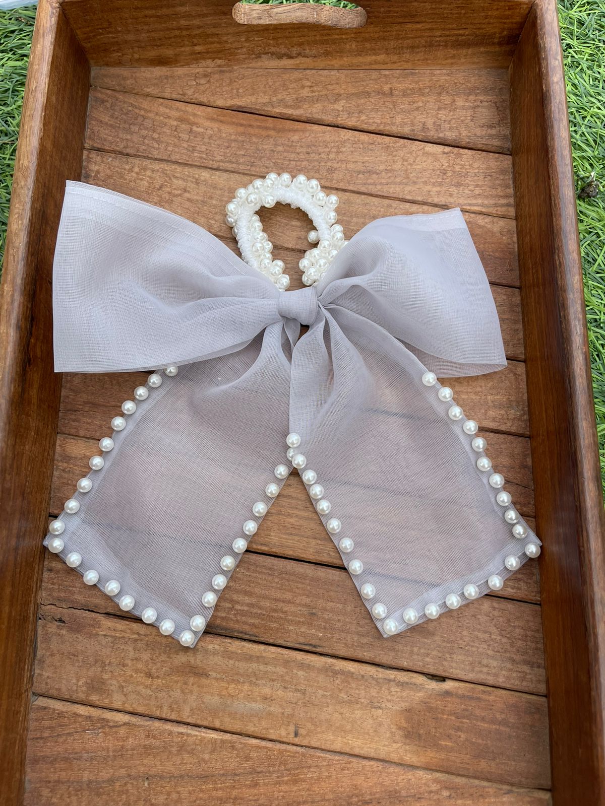 Pearl partywear big size bow scrunchie - Alluring Accessories