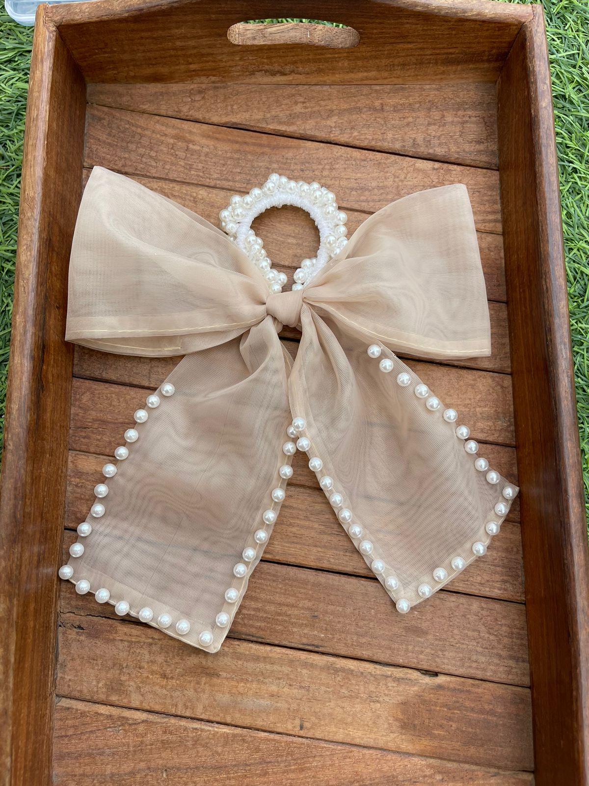 Pearl partywear big size bow scrunchie - Alluring Accessories