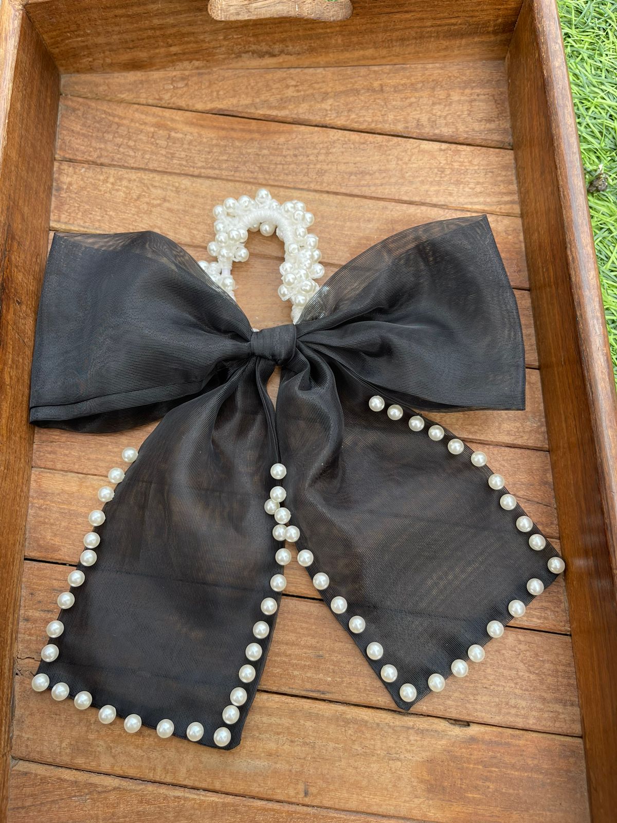 Pearl partywear big size bow scrunchie - Alluring Accessories