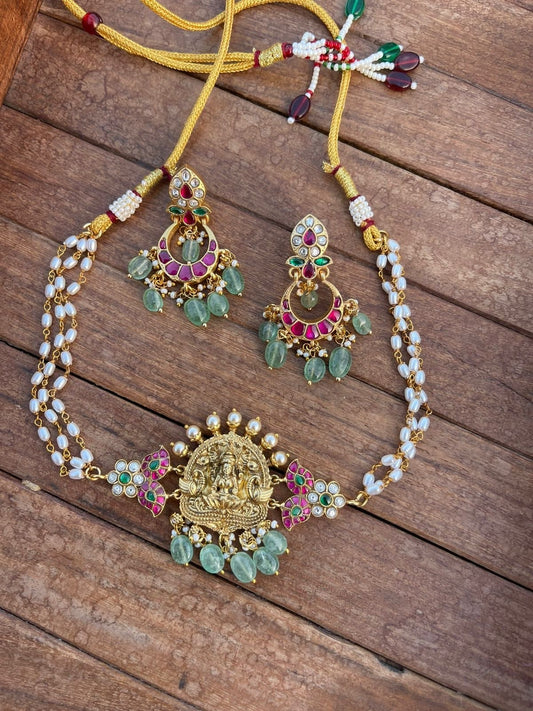 Pearl real kundan lakshmi mango choker with earrings - Alluring Accessories