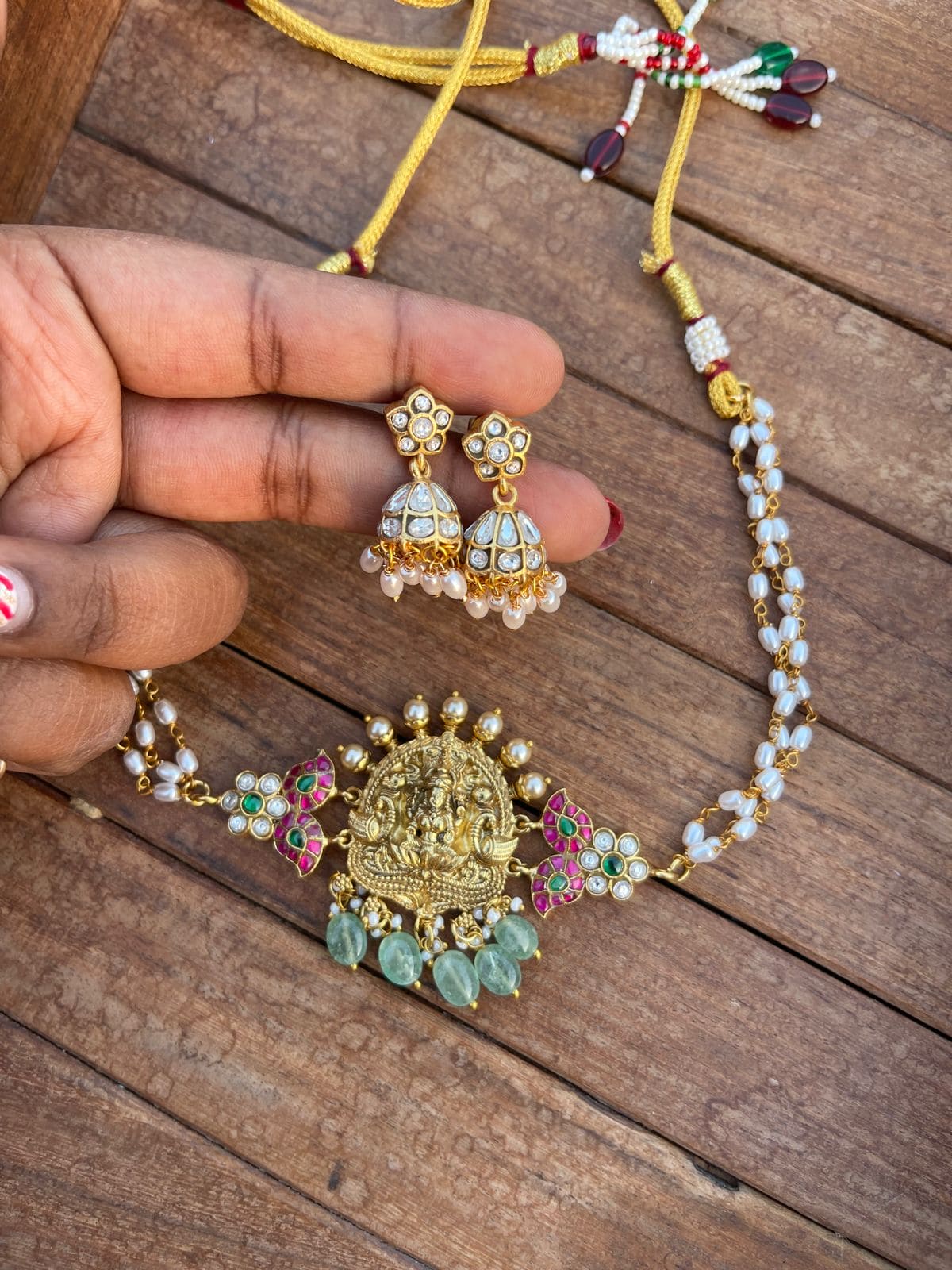 Pearl real kundan lakshmi mango choker with earrings - Alluring Accessories