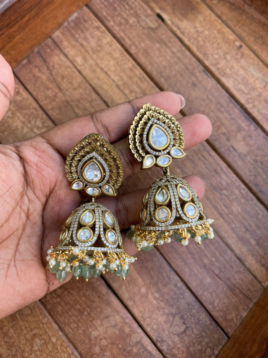 Pearl white stone green Victorian jhumkas - Alluring Accessories