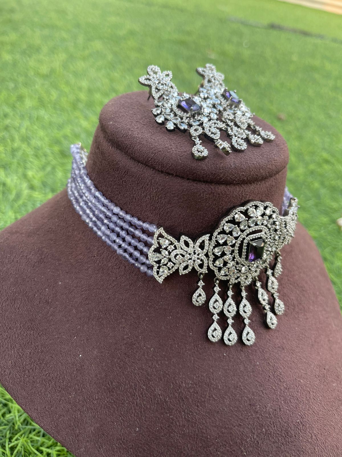 Purple diamond finish choker with earrings - Alluring Accessories