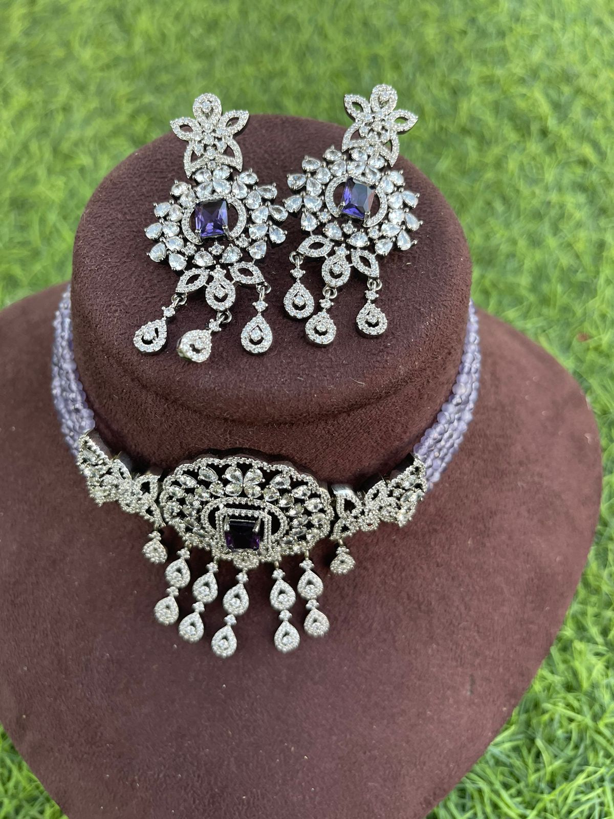 Purple diamond finish choker with earrings - Alluring Accessories