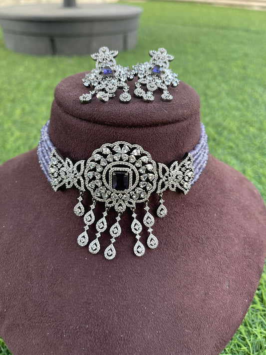 Purple diamond finish choker with earrings - Alluring Accessories