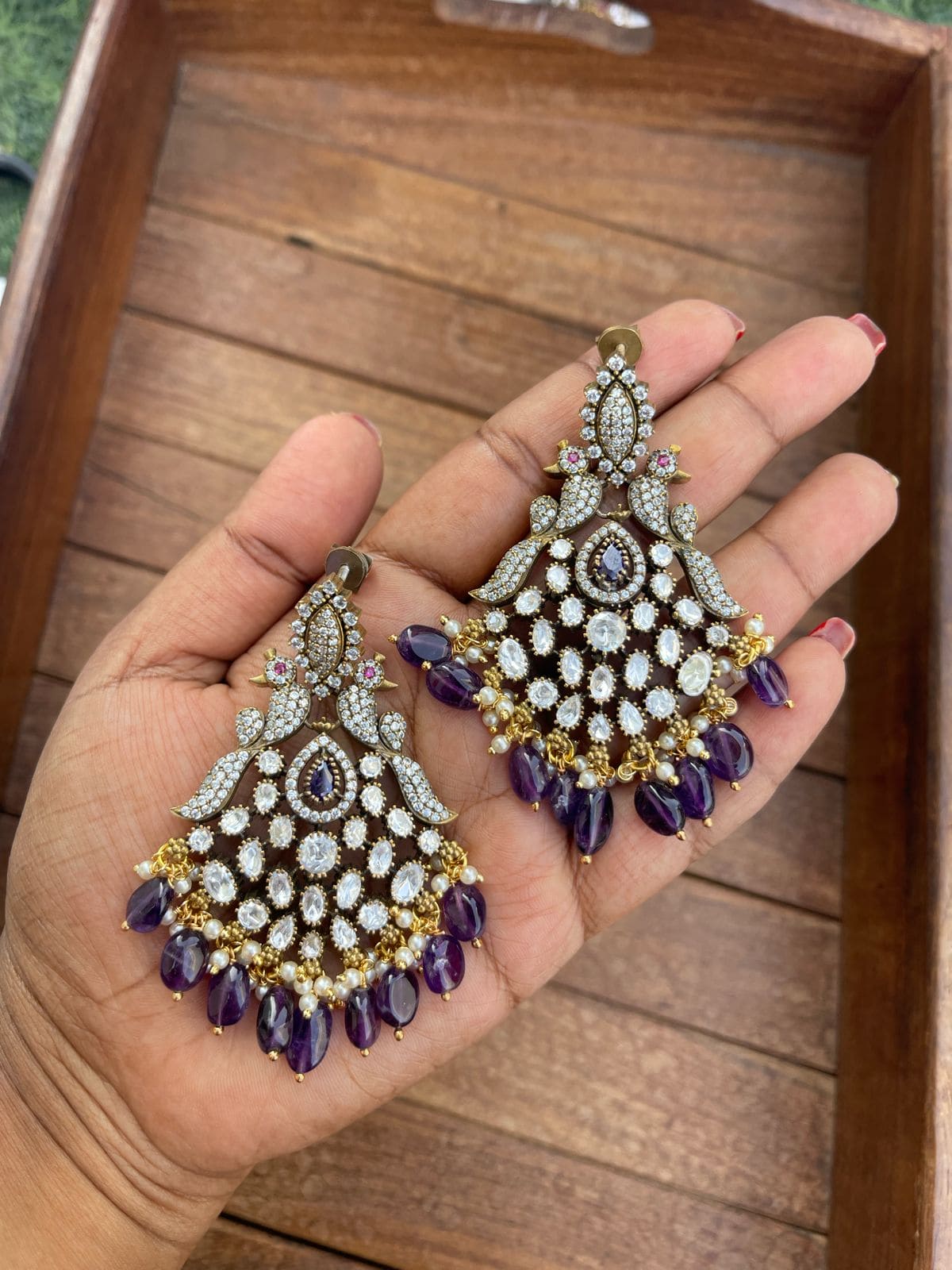 Purple dual parrot Victorian moissanite chandbalis - Alluring Accessories