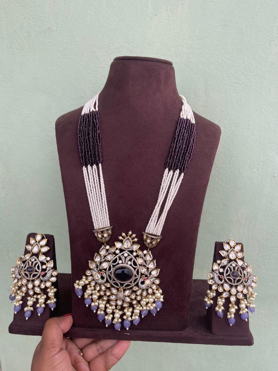 Purple heavy peacock locket long dual shade haram with big chandbalis - Alluring Accessories