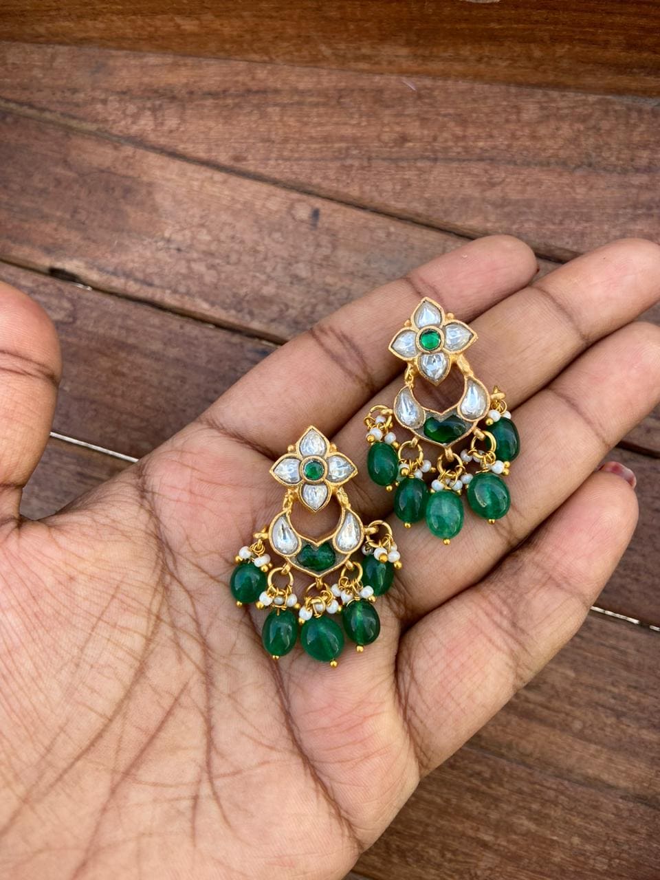 Real kundan flower green chandbalis - Alluring Accessories