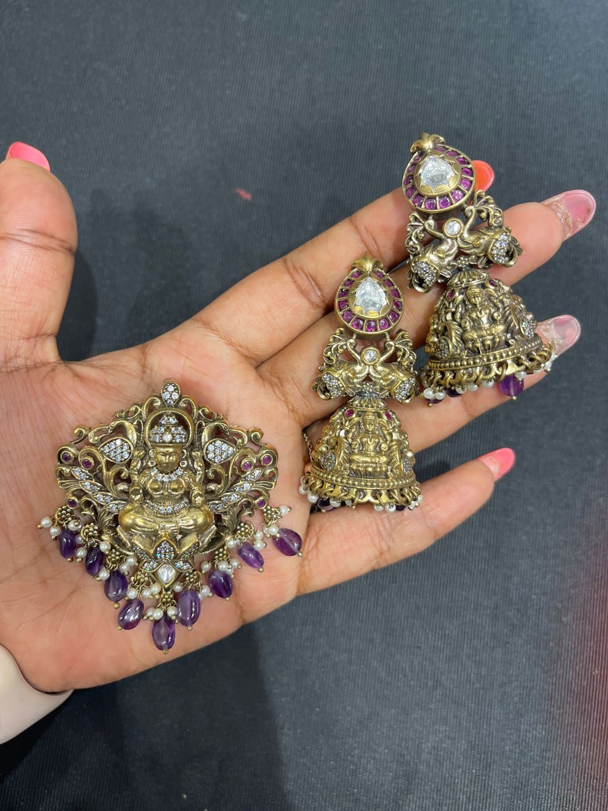 Real kundan lakshmi antique locket long jhumkas - Alluring Accessories