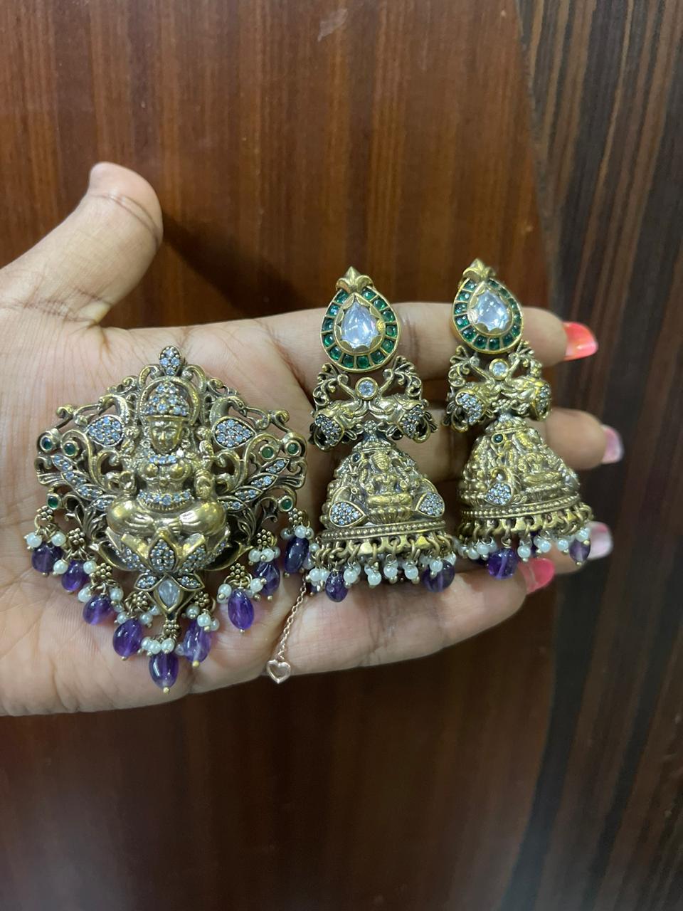 Real kundan lakshmi antique locket long jhumkas - Alluring Accessories