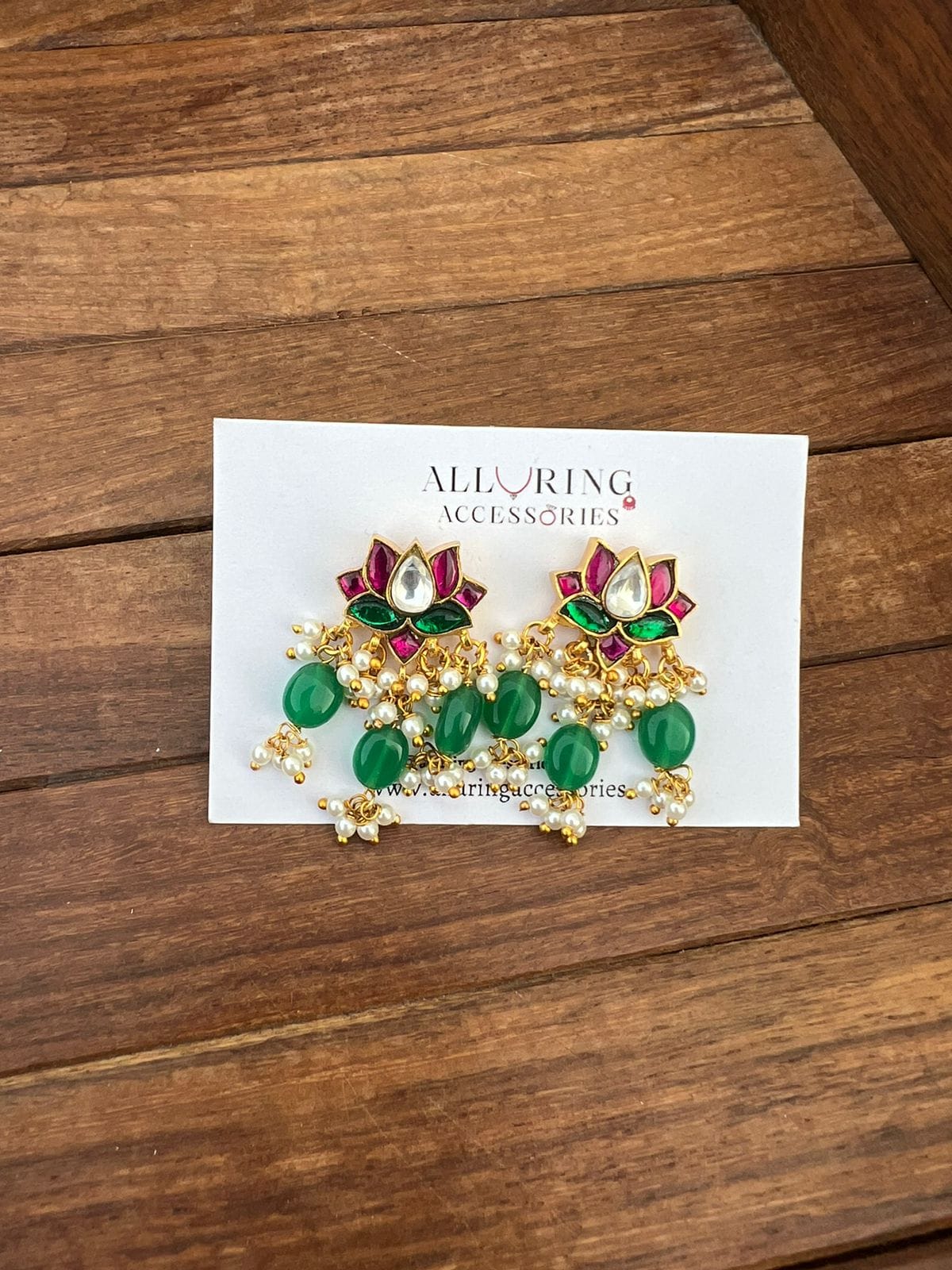 Real kundan lotus green hanging earrings