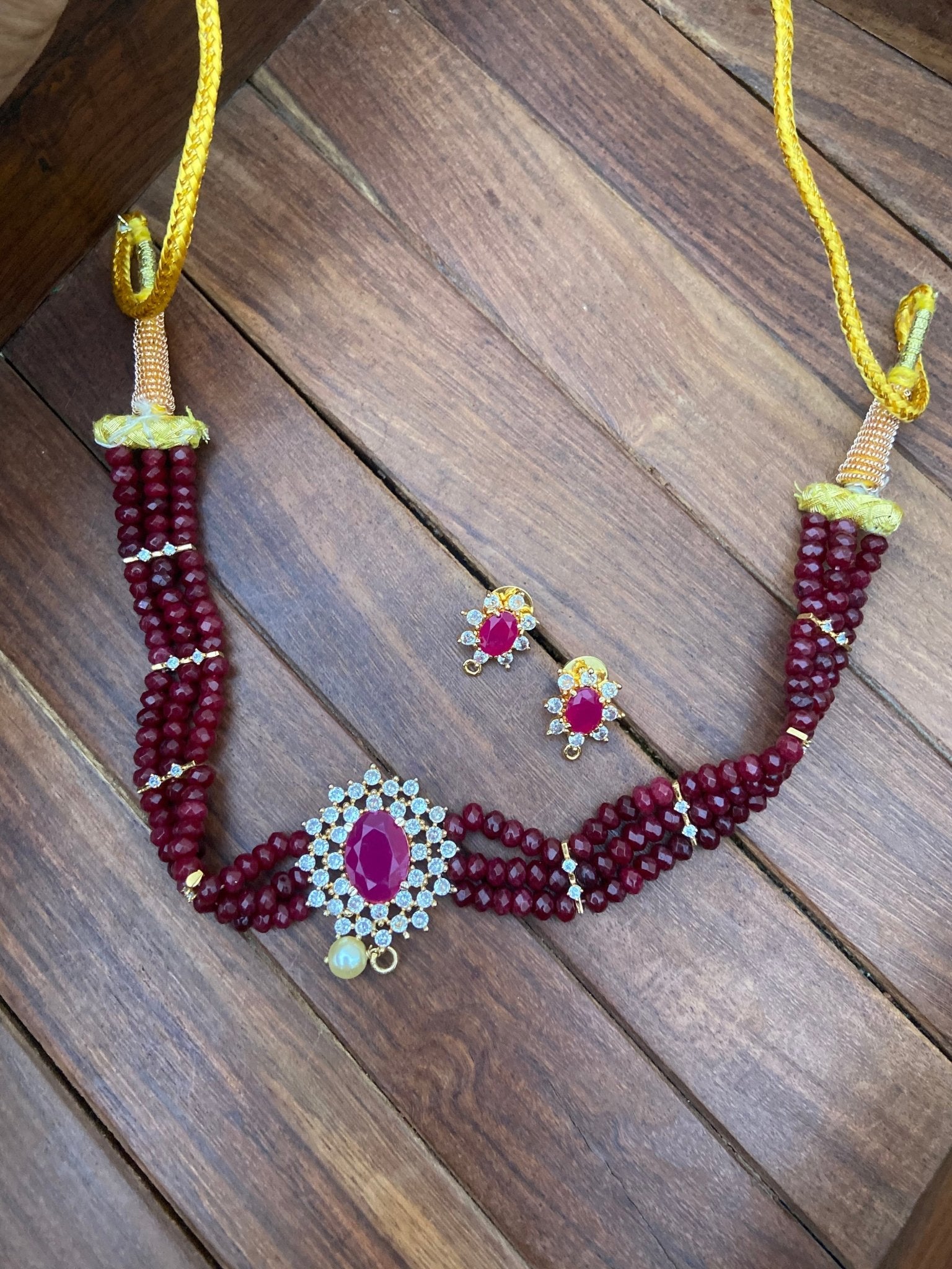 Red beads choker with separated stone lines in between - Alluring Accessories