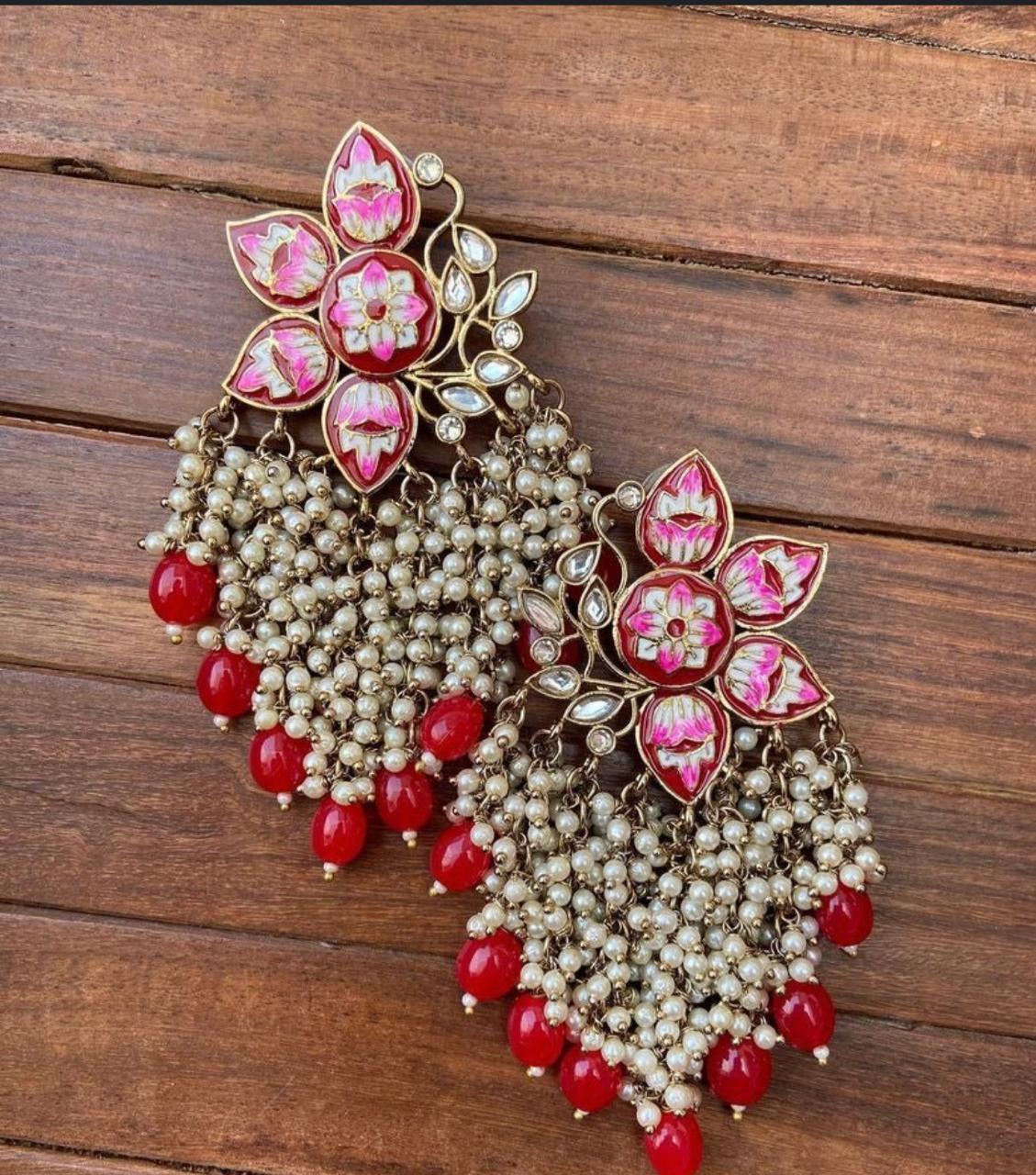 Red Pearl hanging meenakaris - Alluring Accessories