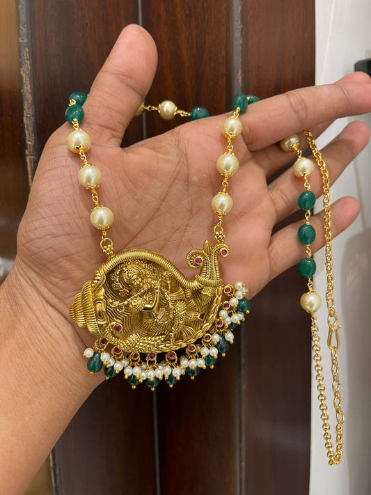 Shell krishna antique locket with green mala - Alluring Accessories