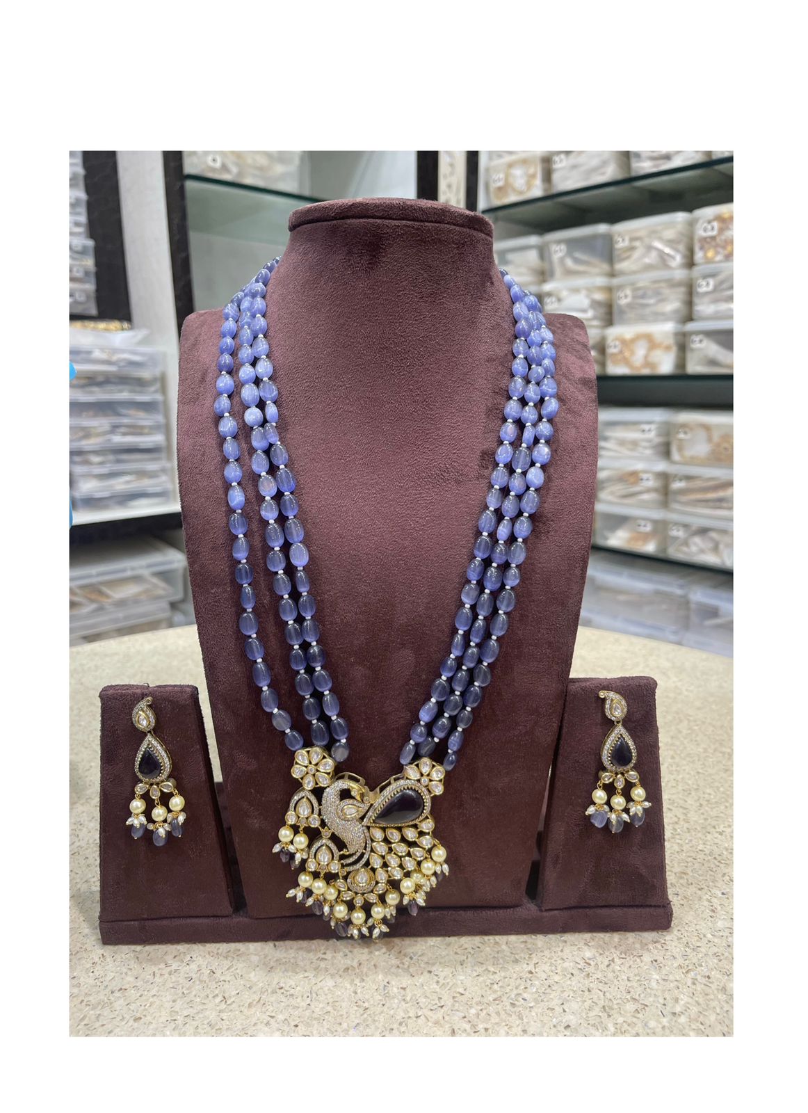 Side peacock victorian long beads necklace with earrings - Alluring Accessories