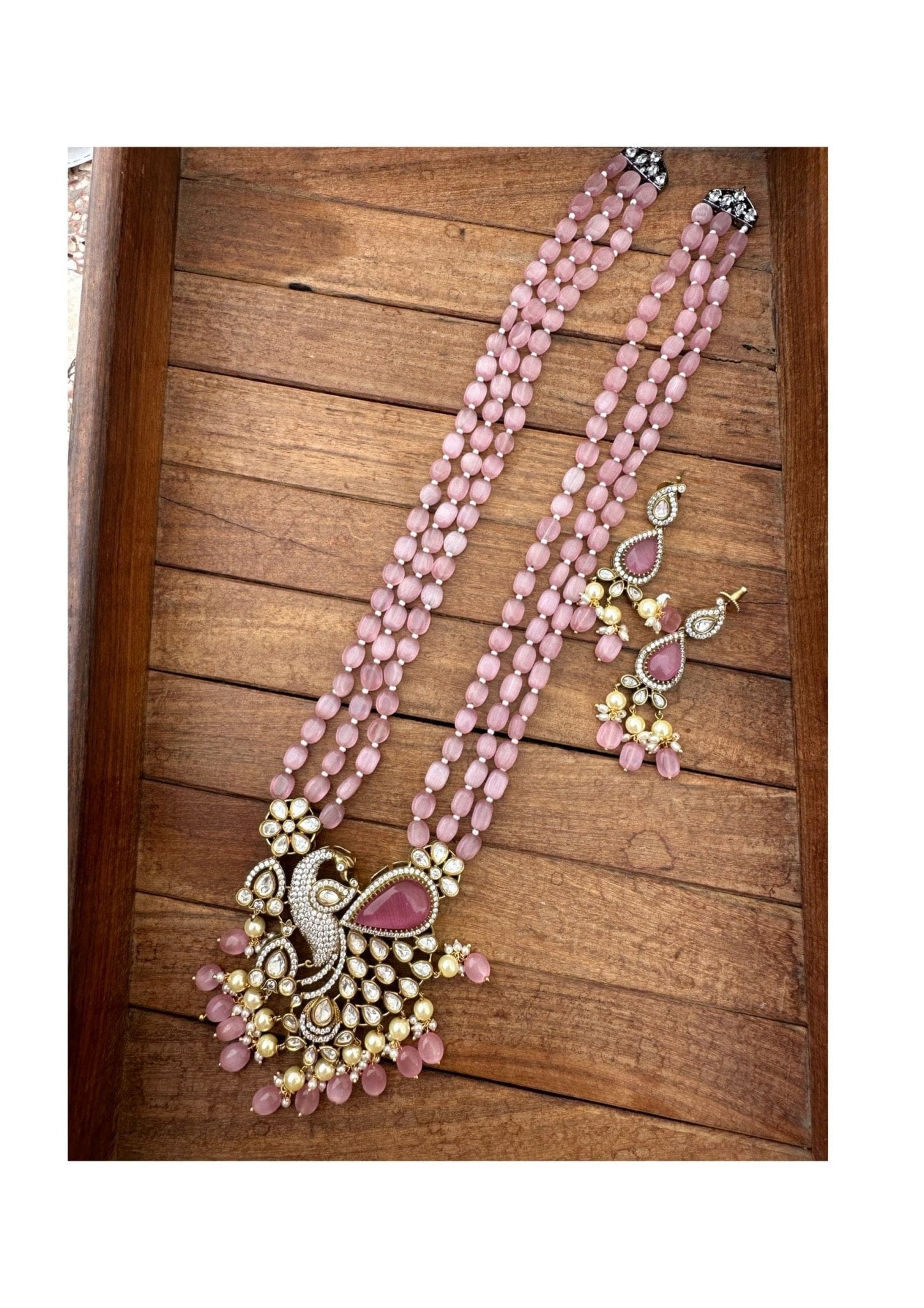 Side peacock victorian long beads necklace with earrings - Alluring Accessories