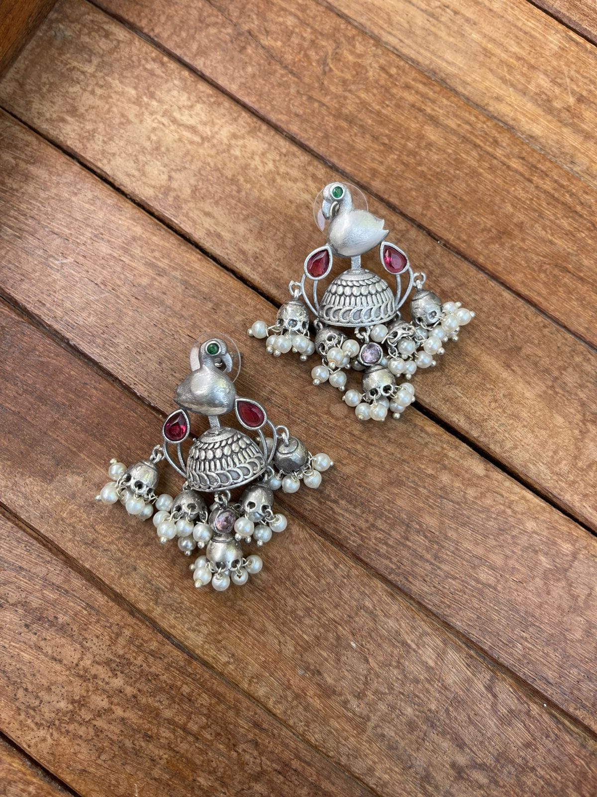 Silver look alike five jhumka bird earrings - Alluring Accessories