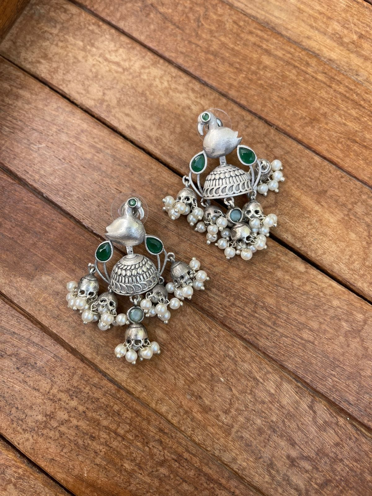 Silver look alike five jhumka bird earrings - Alluring Accessories