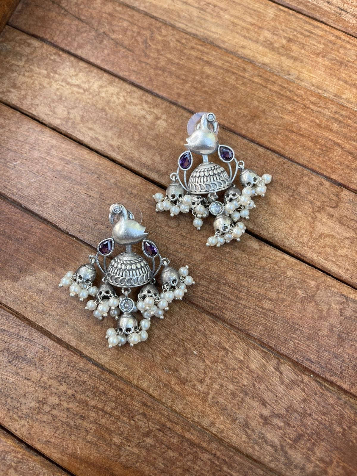 Silver look alike five jhumka bird earrings - Alluring Accessories