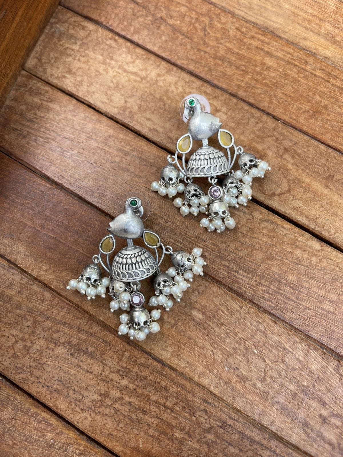 Silver look alike five jhumka bird earrings - Alluring Accessories