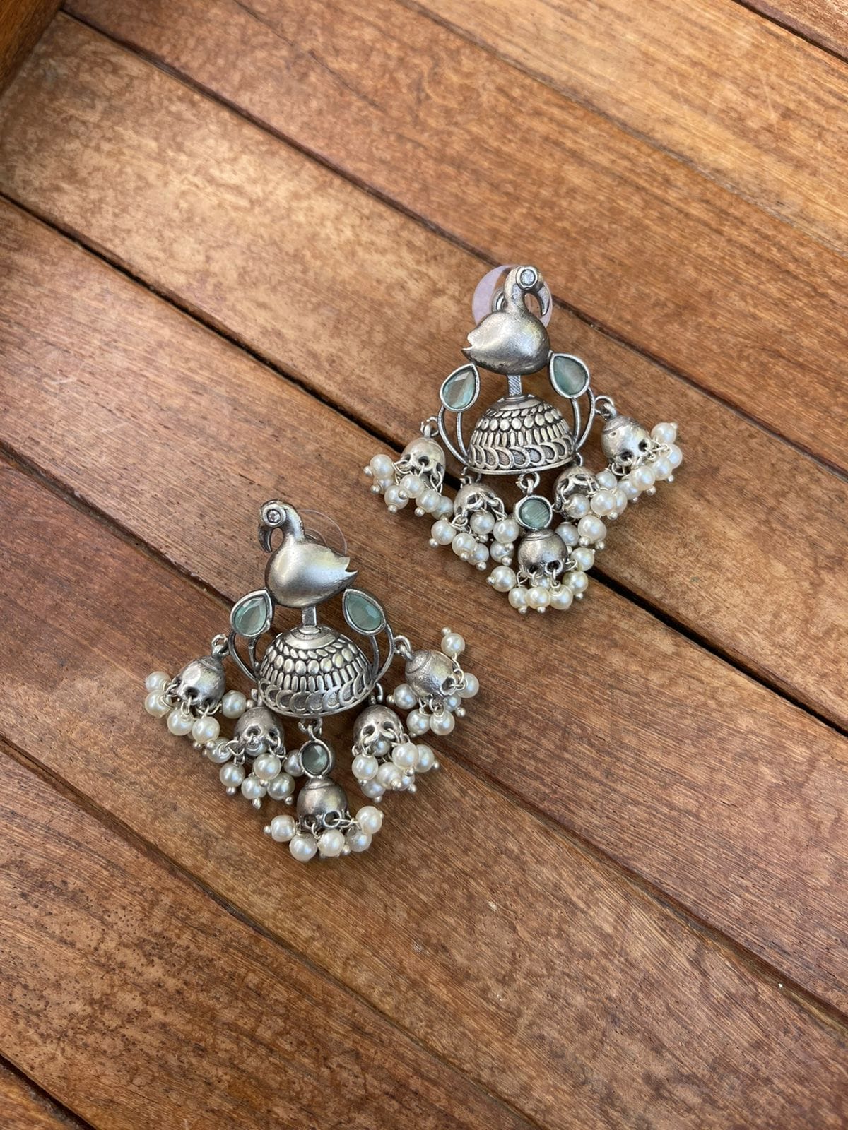 Silver look alike five jhumka bird earrings - Alluring Accessories