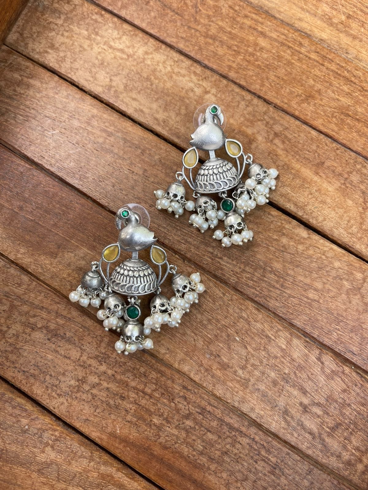 Silver look alike five jhumka bird earrings - Alluring Accessories