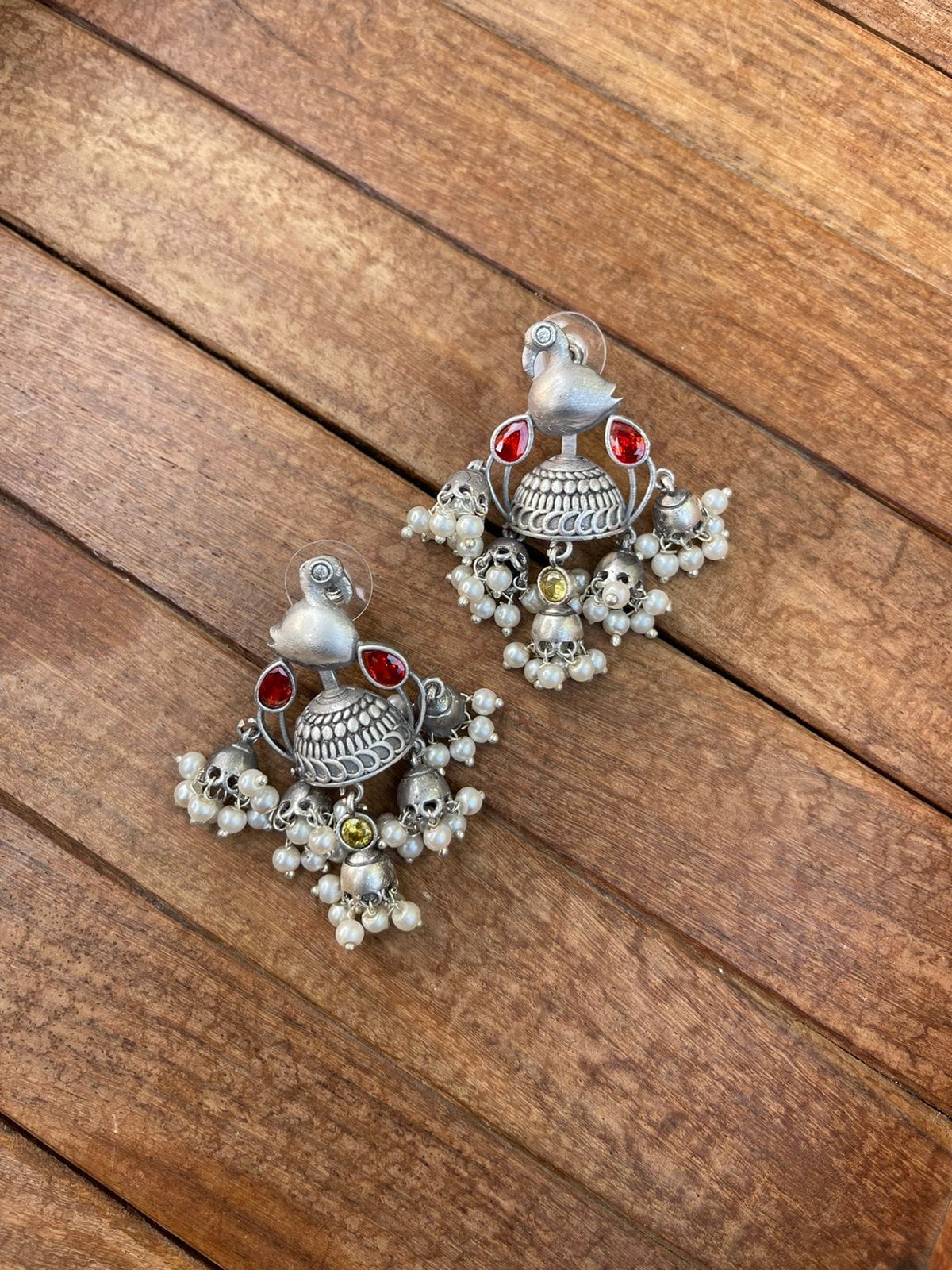 Silver look alike five jhumka bird earrings - Alluring Accessories