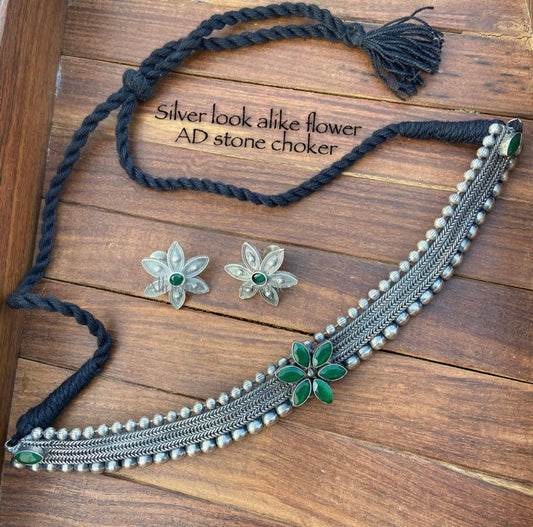 Silver look alike flower AD stone choker - Alluring Accessories