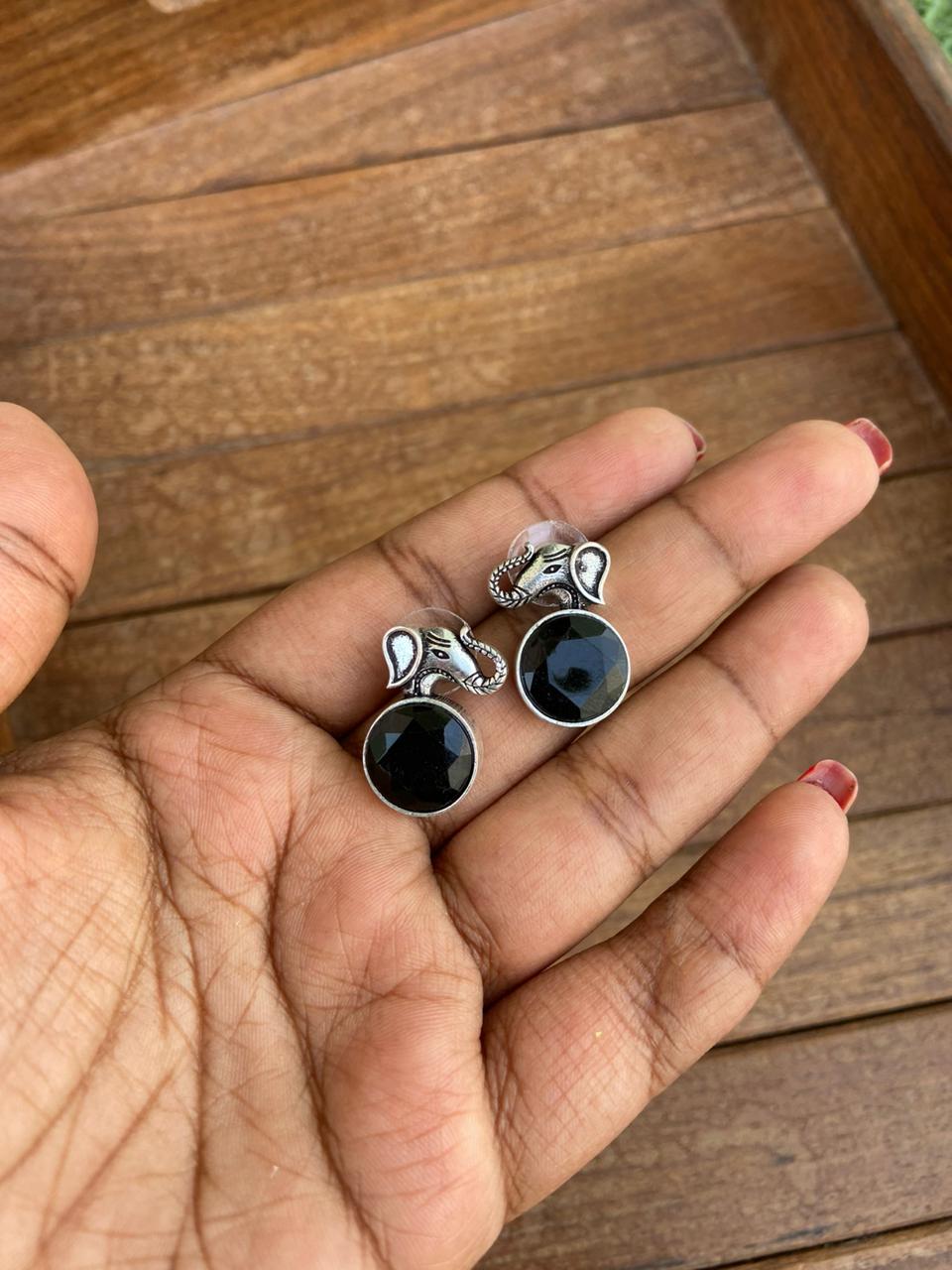 Single stone small elephant oxidised earrings - Alluring Accessories