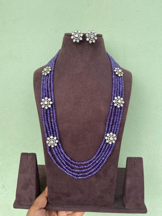 Tanzanite beads flower embossed moissanite mala with earrings - Alluring Accessories