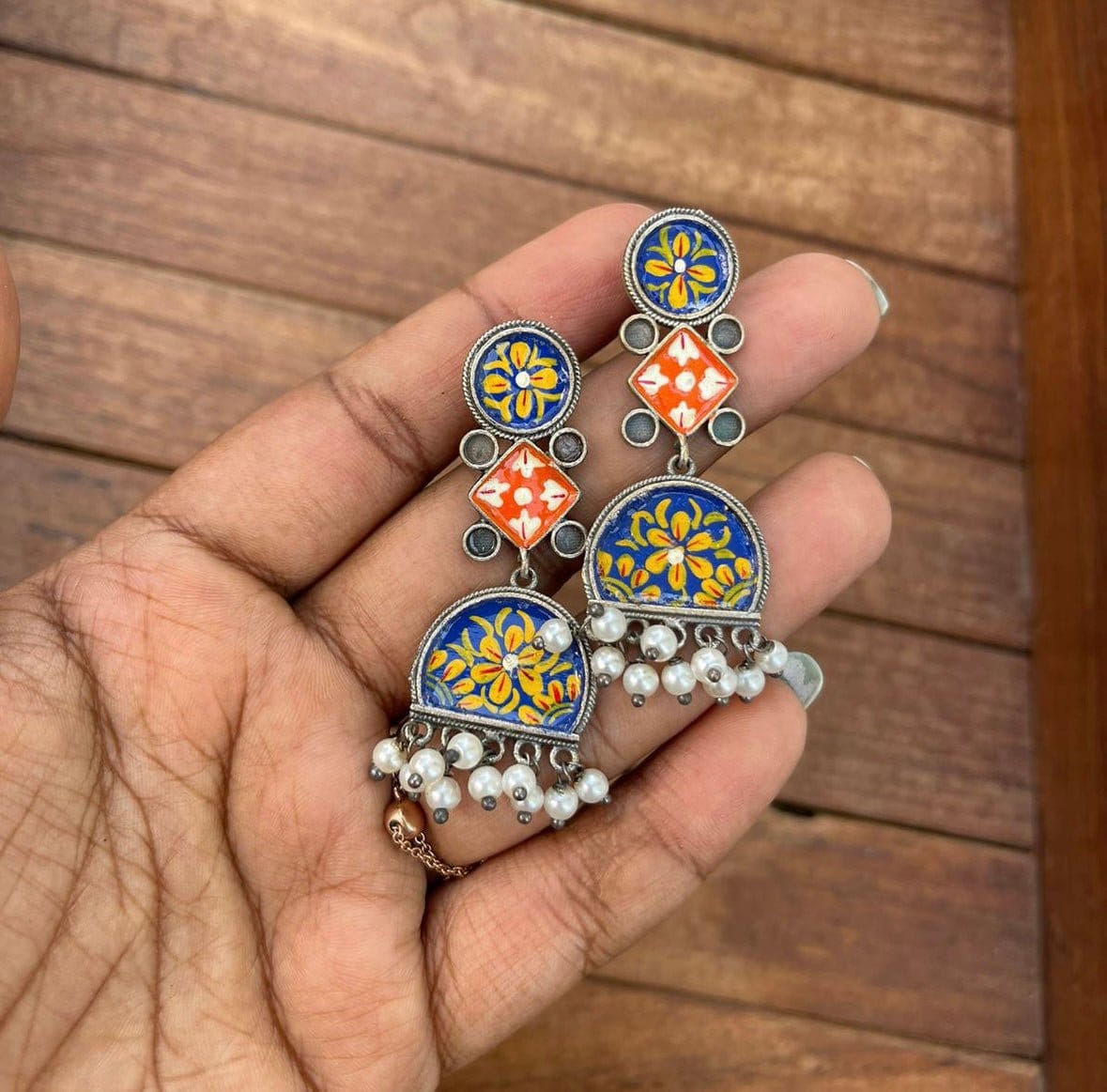 Three layered dual shade meenakari earrings - Alluring Accessories