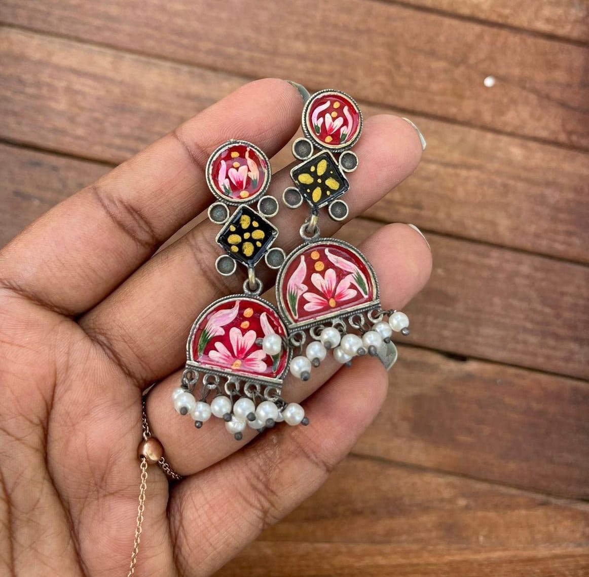 Three layered dual shade meenakari earrings - Alluring Accessories