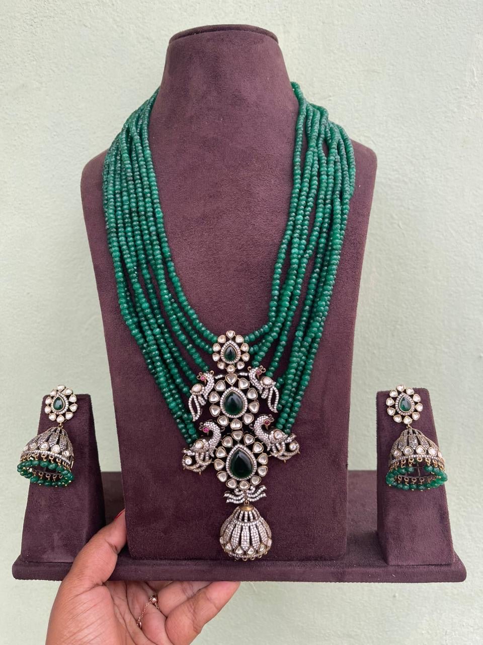 Three layered four peacock locket long mala with heavy jhumkas - Alluring Accessories