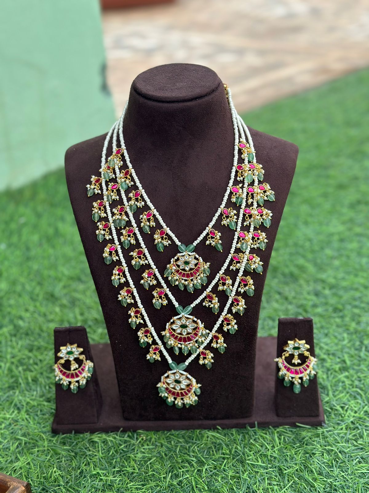 Three layered raani haram real kundan with earrings - Alluring Accessories