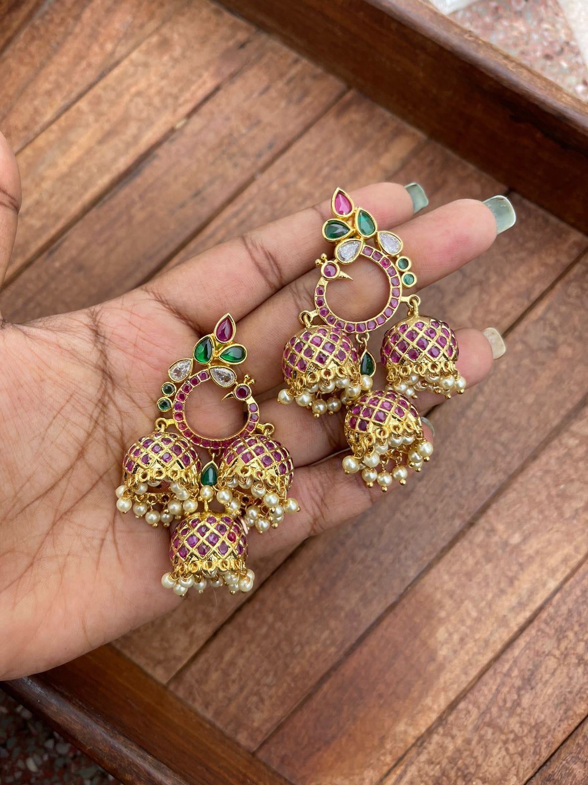 Three peacock kemp jhumkas - Alluring Accessories