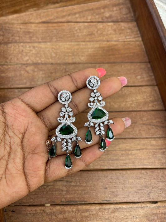 Three pearl hanging diamond finish green earrings - Alluring Accessories