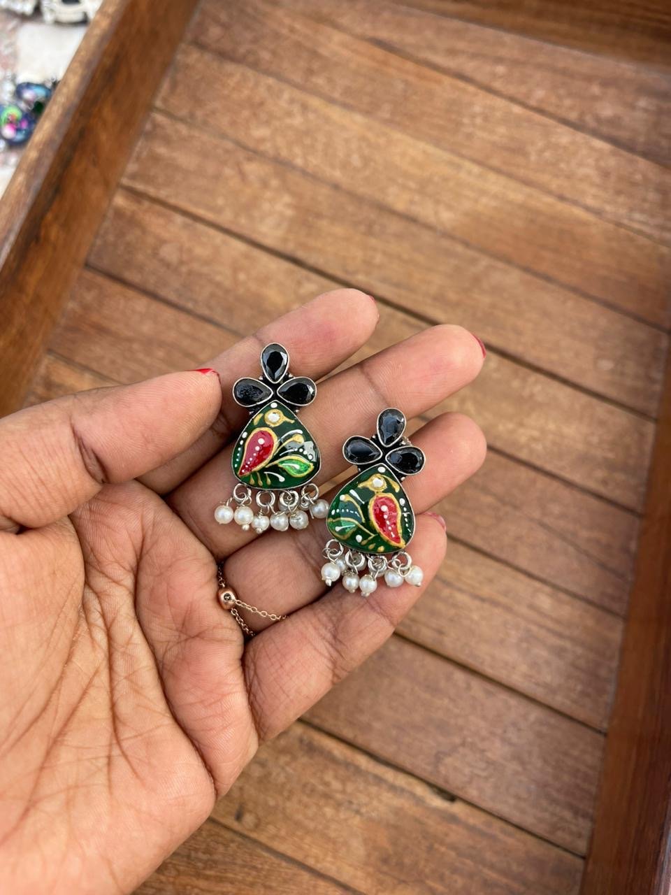 Three stone desi enamel print earrings - Alluring Accessories