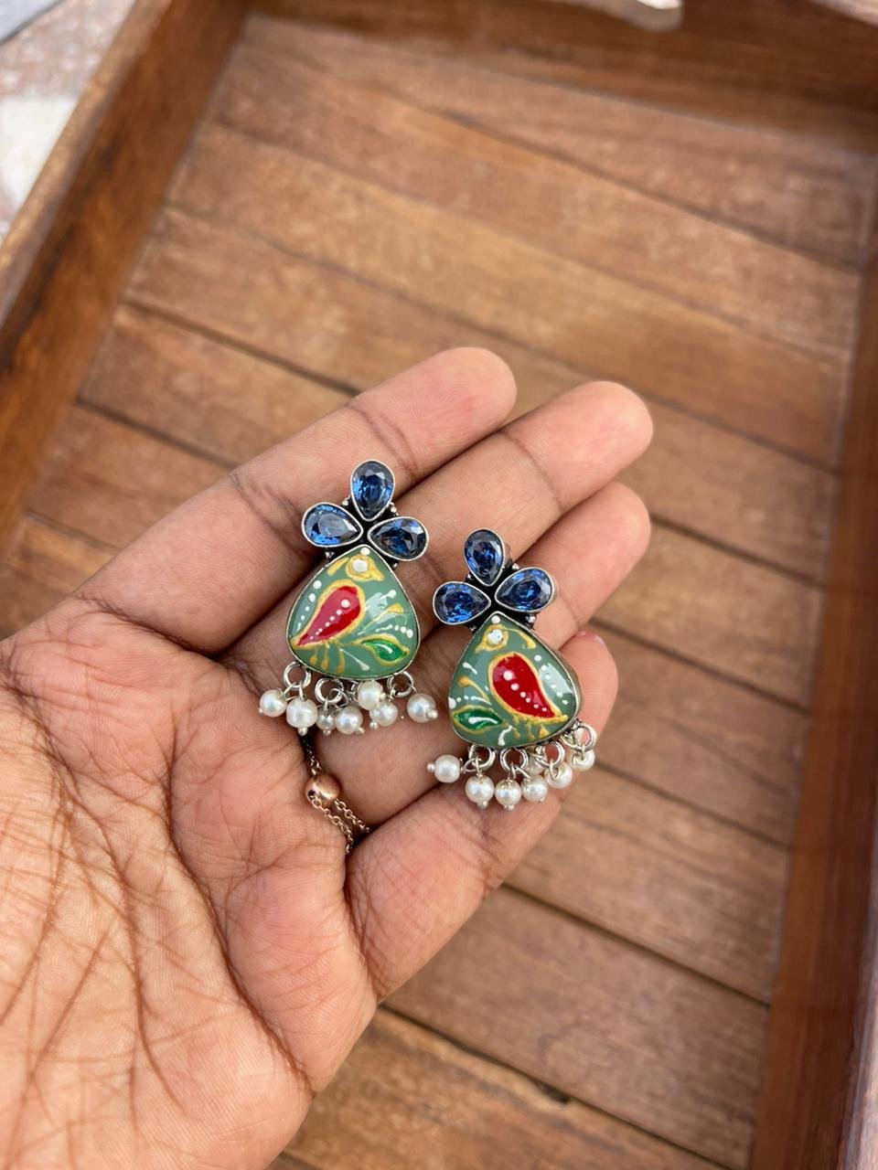 Three stone desi enamel print earrings - Alluring Accessories