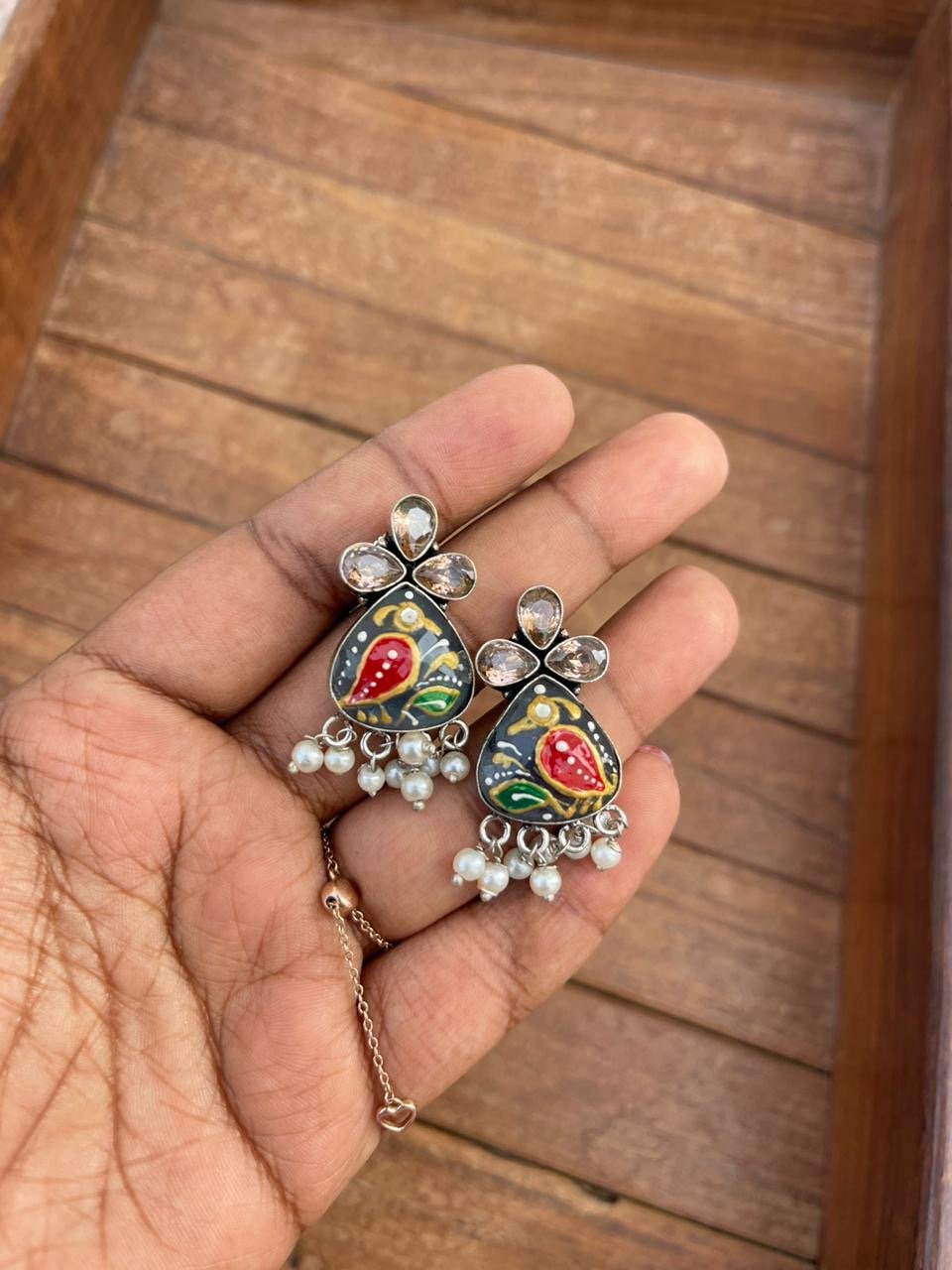 Three stone desi enamel print earrings - Alluring Accessories