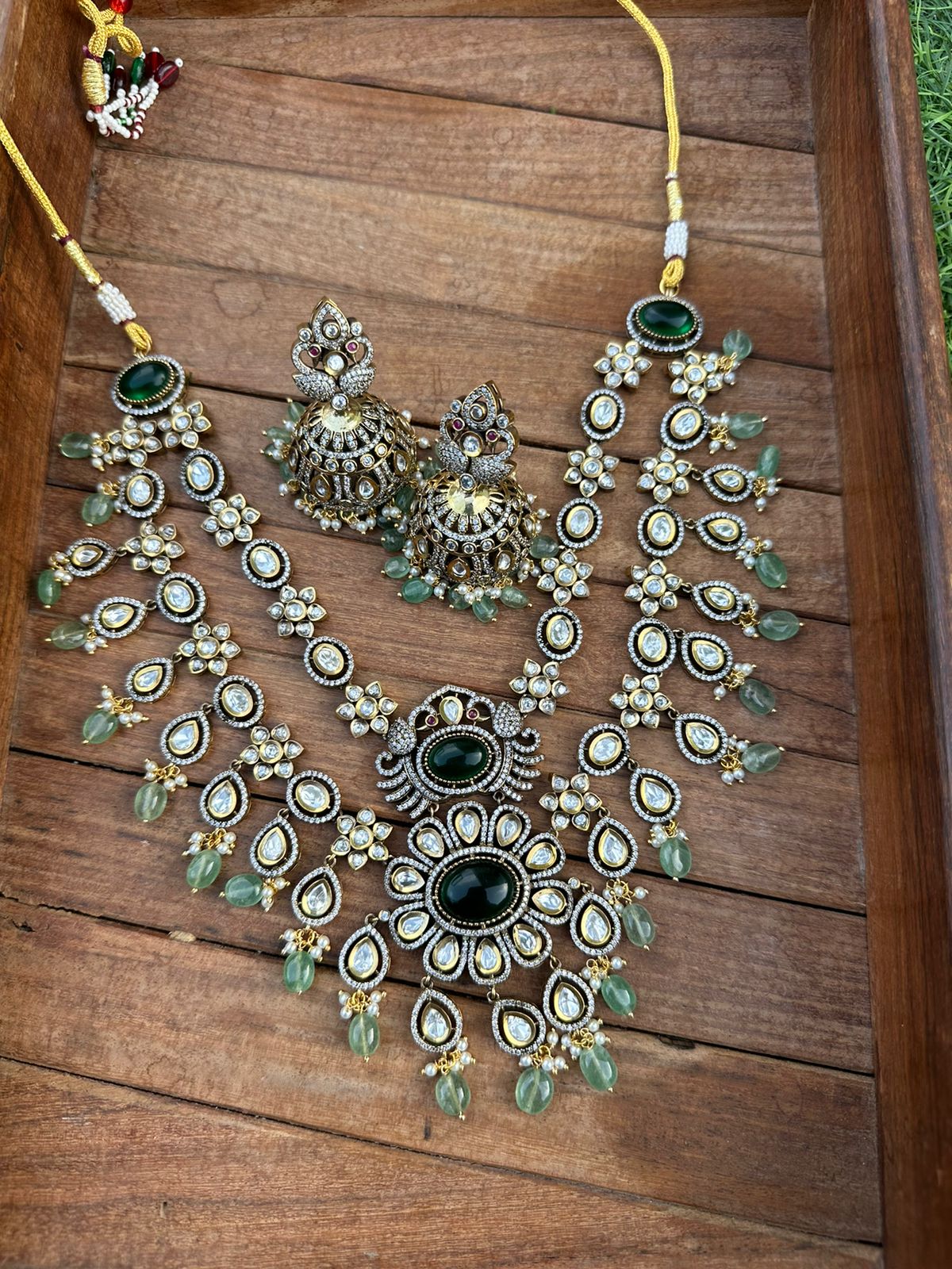 Two layered flower peacock heavy victorian necklace with jhumkas - Alluring Accessories