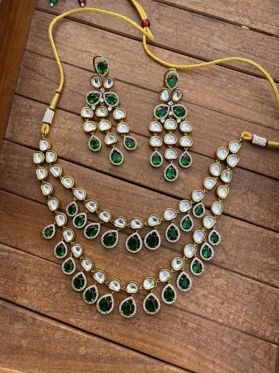 Two layered real kundan green drop indowestern necklace - Alluring Accessories