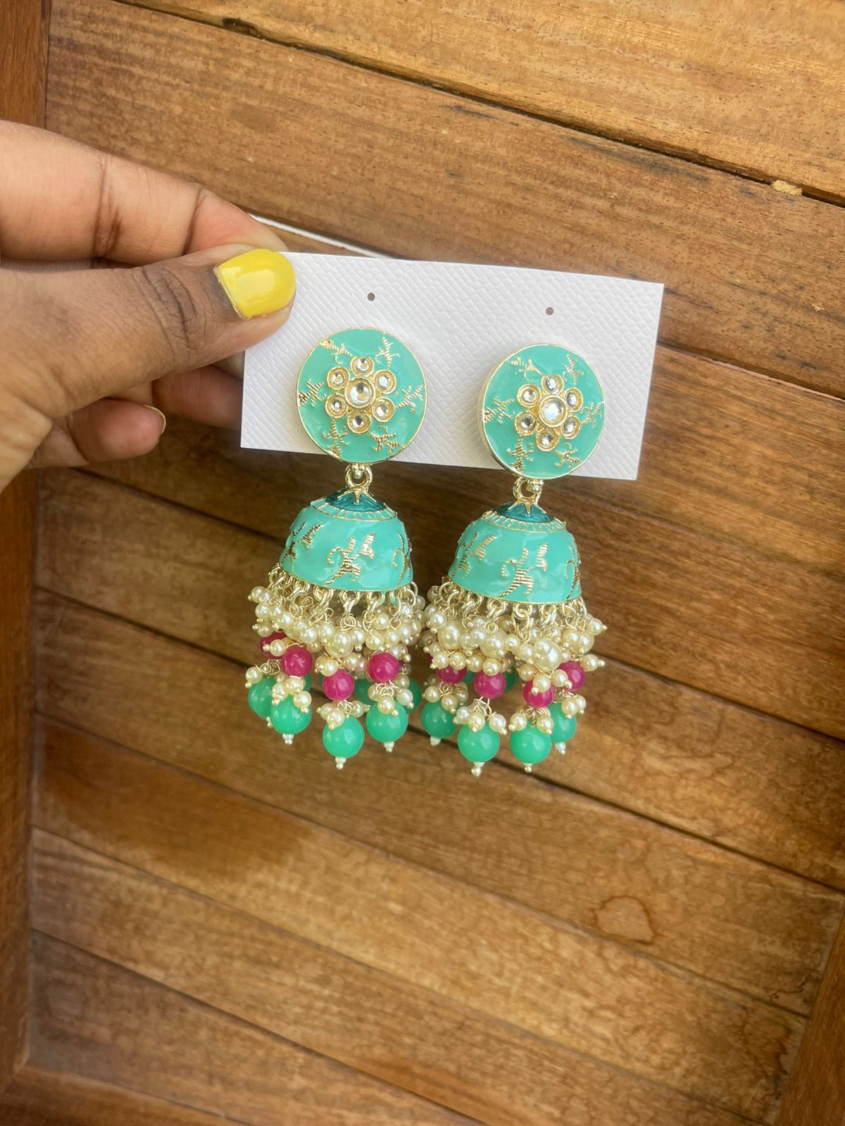 Two shaded two layered pearl meenakari jhumkas - Alluring Accessories