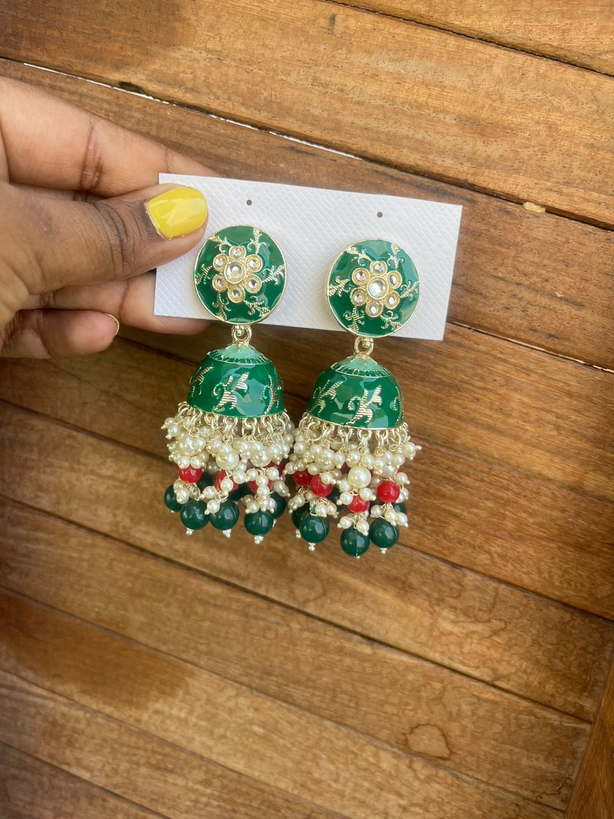 Two shaded two layered pearl meenakari jhumkas - Alluring Accessories