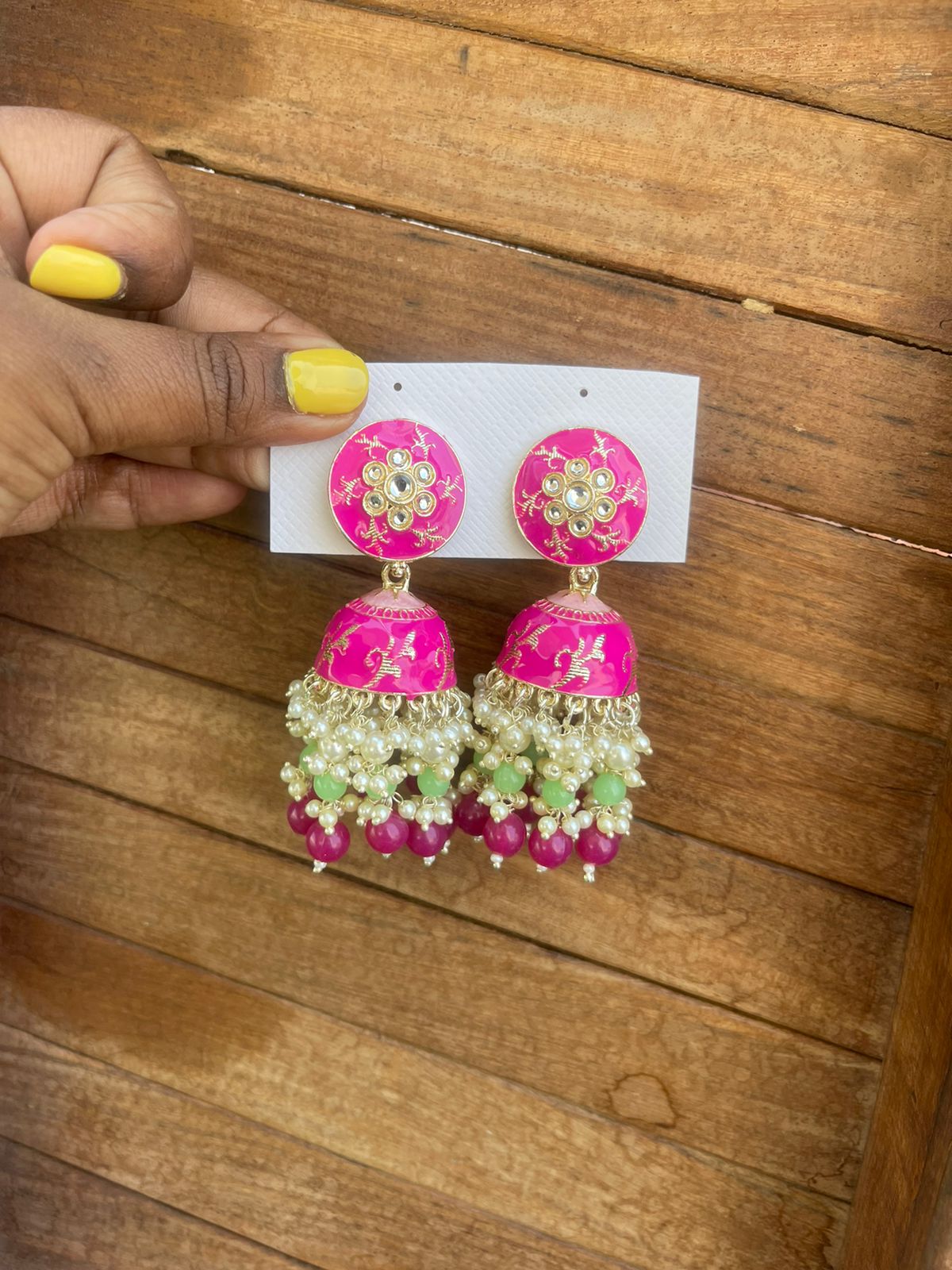 Two shaded two layered pearl meenakari jhumkas - Alluring Accessories