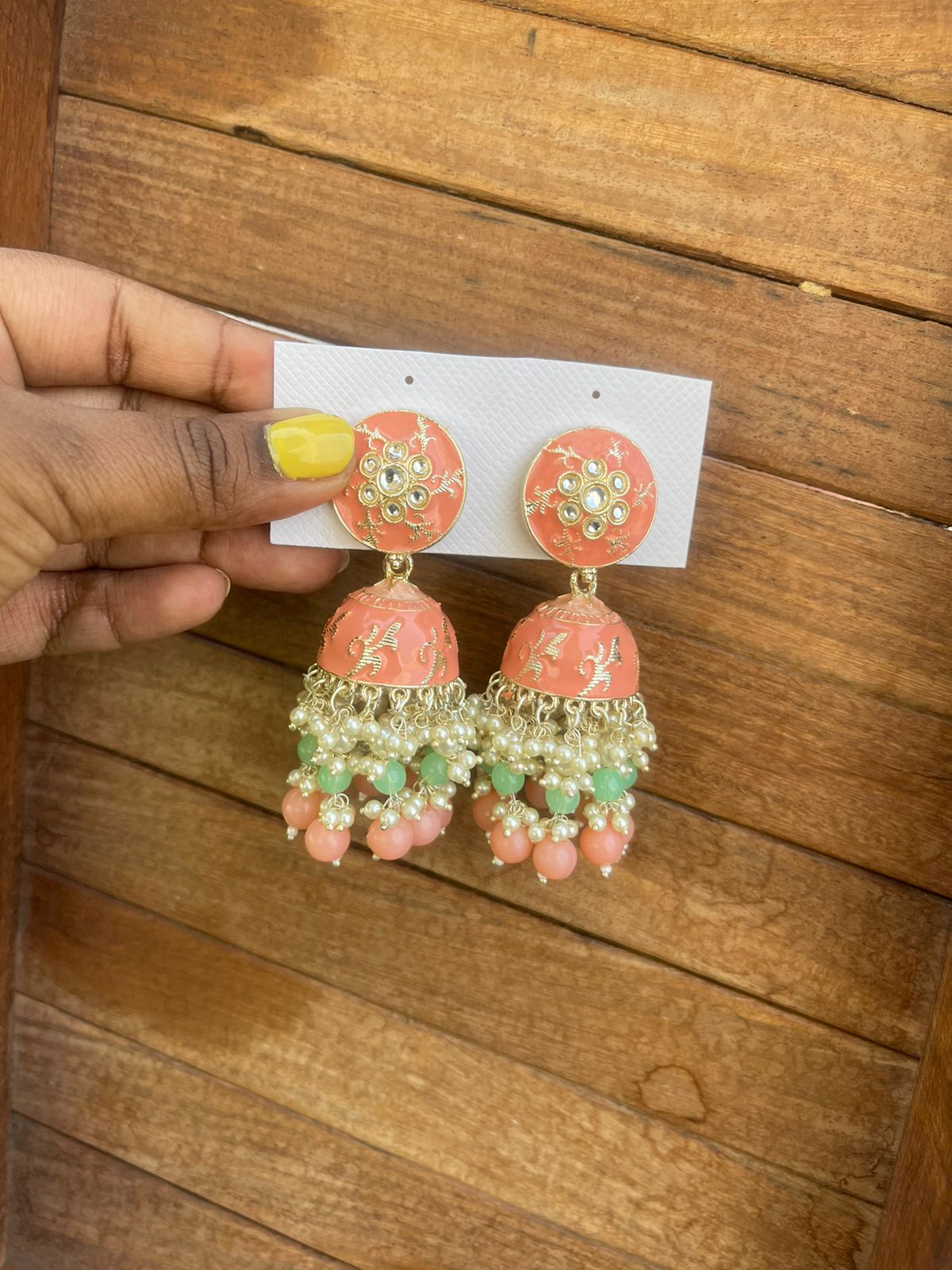 Two shaded two layered pearl meenakari jhumkas - Alluring Accessories